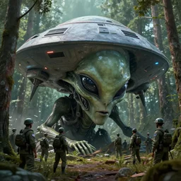 aliens very big ufo crushed in the forest surrounded by russian soldiers, biopunk, cyberpunk, masterpiece. rendered in blender, ultra realistic, smooth shading, ultra detailed, high resolution, cinematic, unreal 6, perfect face, cyberpunk, fine details, studio lighting, subtle shadows, art by katsuya terada, photorealism, hyper realism, octane render, hyper detailed, canon eos r 3, f / 1. 4, iso 2 0 0, 1 / 1 6 0 s, medium shot, 8 k, raw, unedited, in - frame,