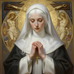 portrait of a beautiful ethereal delicate roman catholic bishopress meditative sacral pose catholic stages of the cross, white hair, intricate, elegant, highly detailed, digital painting, artstation, concept art, smooth, sharp focus, illustration, art by krenz cushart and artem demura and alphonse mucha