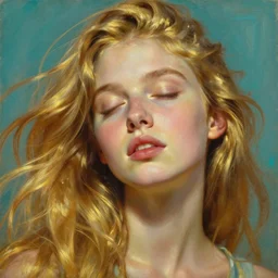 hyper realistic painting portrait of in gold and turquoise of a girl with closed eyes and flowing long hair, hyper detailed face by stjepan sejic, norman rockwell, roberto ferri, john william waterhouse, godward, david kassan