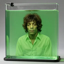 A huge glass tank, full of greenish liquid, and inside Jimmy Hendrix