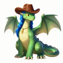 digital art of a green scaled anthro dragon with blue hair and an australian cowboy hat