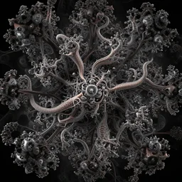 3d fractal wallpaper by Escher, geometrical figures, mandelbulb, fragmentarium, 3d effect, picture through the screen, spirals tubes roots, completely filled space, psychedelic!!, 3d fractal background, digital art, high details, depth of field, hard lighting!, trending on artstation, deviantart, octane render, HD, (((Low light))), 8k, eric zener, zdzisław beksiński, dark background