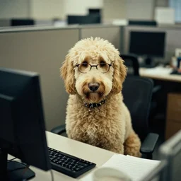 dreary cinestill of a blonde labradoodle working in a cubicle and wearing glasses, photograph by annie leibovitz