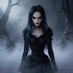photorealistic full shot portrait of angry darkness anime girl, worrying look, inspired by Tim Burton, detailed, unreal engine 4k volumetric light, fog,