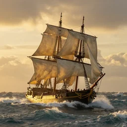 pirate sloop, heavy winds, huge waves, golden hour, dramatic lighting, by george philip reinagle