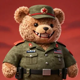 8 k made in abyss chubby, teddy bear, wearing military uniform, bloody sharp teeth, devilish grin, red sky, bara, body builder in the style of caravaggio, akihito tsukashi n