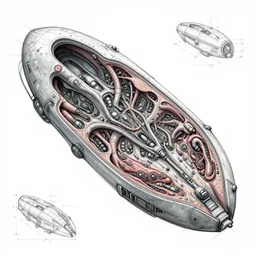a 1 7 0 0 s bestiary of a unique biomechanical living alien spacecraft with a cross section down the middle, detailed description of certain parts and organs of the organic spacecraft, 3 d sketch, lines, measurements