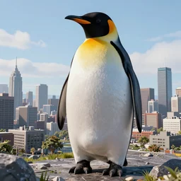 super realistic giant Penguin above highly detailed city, raytracing, 4k, trending on artstation, highly detailed