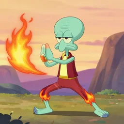 [ [ [ [ [ [ squidward ] ] ] ] ] wearing fire nation clothing and practicing firebending outside at susnset