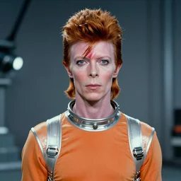 film still of David Bowie as David Bowman wearing orange in 2001 a space odyssey, 4k