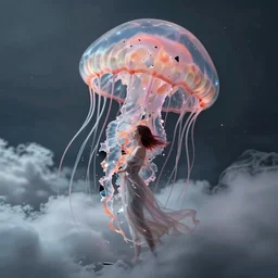 a highly detailed digital image of a shattering futuristic jellyfish elegantly wrapped in a cloud, by Andrea Chiampo, artstation and Frederik Heyman, extremely detailed woman, stunning volumetric lighting, hyper realism, fantasy 4k