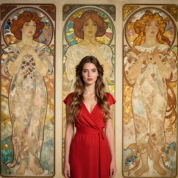 gorgeous young scandanavian woman wearing a red dress, ultra detail, professionally retouched, soft lighting, wide angle, 8 k high definition, intricate, elegant, art by alphonse mucha,, irina french, ivan telavera, randy bishop