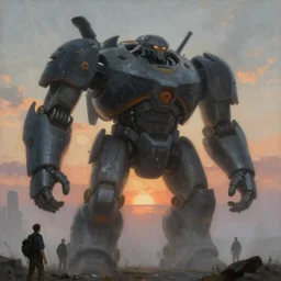 huge rounded mecha, by Simon Stalenhag, Rutkowski, lee madgwick and hubert robert, washed color, moody lighting, painting, sunrise, epic skies, foggy