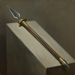 Gungnir, the spear of Odin, laying on the pedestal in the armory of the gods, painting by Diego Gisbert Llorens