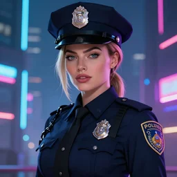 anime key visual of margot robbie police officer, neon, cyberpunk, futuristic, stunning, perfect face, highly detailed, digital painting, artstation, smooth, soft focus, illustration, art by artgerm and greg rutkowski and alphonse mucha