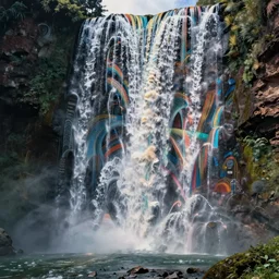 waterfall with intricate patterns an colourful streams falling down drawn by james jean, yerka