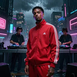 CHAPPIE In A Red Adidas Track Suit In Neo Tokyo with Die Antwoord and Aphex Twin DJing in the Background , full figure, stormy weather, extremely detailed masterpiece, low-key neon lighting, artstation, 2001: A Space Odyssey, Roger Deakin’s cinematography, by J. C. Leyendecker and Peter Paul Rubens and Edward Hopper and Michael Sowa