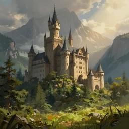 digital painting of a castle, behind a forest, large mountains in back, concept art, low angle, high detail, warm lighting, volumetric, godrays, vivid, beautiful, trending on artstation, by Jordan grimmer, no focus, huge scene, grass