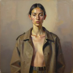 portrait in daring femininity, ethnic, realistic face sculpted features, thin and statuesque model, urban outfit with jacket and buckles, warm glow, bathed in light, chiaroscuro, specular highlights, angular impressionism, radiosity, natural color scheme, earthy tones, modern fashion, contemporary art, oil on canvas