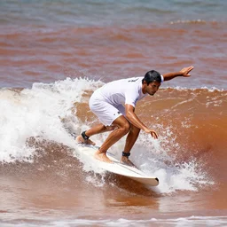 photo of a high skilled wave surfing tennis player with white clothes on the red sea. high detail unreal engine