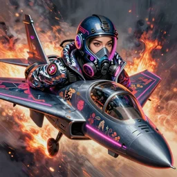 detailed neon female swat officer flying a fighter jet, cyberpunk futuristic, neon, gas mask, reflective puffy coat, decorated with traditional japanese by ismail inceoglu dragan bibin hans thoma greg rutkowski alexandros pyromallis nekro rene margitte, fire & smoke, illustrated, perfect face, fine details, realistic shaded, fine - face, pretty face