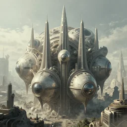 Dystopian Cityscape of Spherical buildings by H.R. Giger