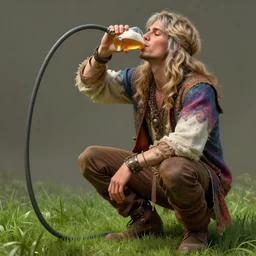 a hippie young man, blonde and silver hair, crouching, drinking beer from a long vertical garden hose, colourful clothes, hyper realistic, extreme detail, grass, smooth, subtle shadows, fine details, octane render, stunning, intricate, elegant, highly detailed, digital painting, artstation, smooth, sharp focus, raw