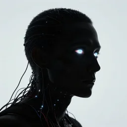 inhuman, portrait close up, angled, silhouette, plastic, glowing eyes, flat background, masterpiece, glowing, wires everywhere, by edgar maxence and ross tran, zdzisław beksinski, and michael whelan, distant, gustav dore, h. r. giger, 8 k, octane render