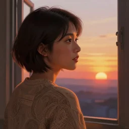 Filipino woman with a short hair looking out the window to a beautiful sunset, intricate, highly detailed, digital painting, artstation, concept art, smooth, sharp focus, illustration, Unreal Engine 5, 8K, art by artgerm and greg rutkowski and alphonse mucha