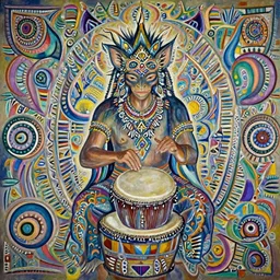 amanita shaman playing frame drum to invoke spirits, northern light, visionary painting masterpiece,  realistic, highly detailed, octane render