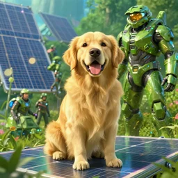 studio ghibli, big golden retriever, solar, green technology, optimist future by asher durand. intricate artwork by tooth wu and wlop and beeple and dan mumford and greg rutkowski and nekroxiii. halo. octane render, cinematic, hyper realism, octane render, 8 k, depth of field, bokeh. iridescent accents. vibrant