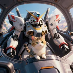 nyan cat piloting a mecha, cat sitting in the cockpit of a futuristic mecha, cockpit view, vibrant colors by anato finnstark
