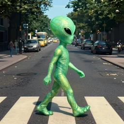 green cartoonish alien walking on abbey road