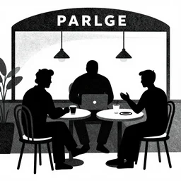 black and white blotchy illustration of dark figures plotting a heist in a roman cafe, by brom, frazetta, zabrocki, ultra wide angle, trending on artstation, rule of thirds w 1 0 2 4