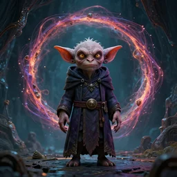 a photorealistic render of a mage goblin in front of a fractal portal in the style of Remi Luizy, ultra detailed, C4D, octane render, 8K, raytracing, artstation