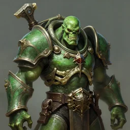 a mind - blowing portrait of a orkchieftain, wearing a skeleton armor, green, deep focus, d & d, fantasy, intricate, elegant, badass, highly detailed, digital painting, artstation, concept art, matte, sharp, illustration, hearthstone, art by artgerm and greg rutkowski and alphonse mucha