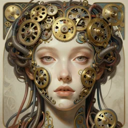 symmetry! gabbie carter, machine parts embedded into face, tubes and cables, intricate, elegant, highly detailed, digital painting, artstation, concept art, smooth, clockwork, sharp focus, illustration, metart, art by artgerm and greg rutkowski and alphonse mucha, 8 k