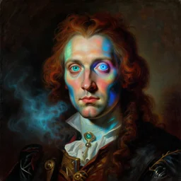 a baroque neoclassicist close - up portrait of a colorful retrofuturistic blacklight uv cyborg scientist wizard with glowing eyes, glowing fog in the background. renaissance portrait painting. highly detailed science fiction painting by norman rockwell, frank frazetta, and syd mead. rich colors, high contrast, gloomy atmosphere, dark background. trending on artstation
