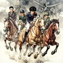 portrait, flying horses stealing jockeys, watercolor, dramatic lighting, cinematic, establishing shot, extremely high detail, foto realistic, cinematic lighting, pen and ink, intricate line drawings, by Yoshitaka Amano, Ruan Jia, Kentaro Miura, Artgerm, post processed, concept art, artstation, matte painting, style by eddie mendoza, raphael lacoste, alex ross