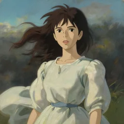 painting of a beautiful woman standing in the wind with her dress blowing in the wind, highly detailed, by john william waterhouse, and studio ghibli, victo ngai, surreal, dramatic lighting, close up