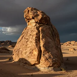 landscape photo of a desert with a large rock formation shaped like a vertebrae