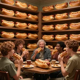 victorian library full of hot dogs, hot dogs on shelves, people seated and holding hot dogs, highly - detailed