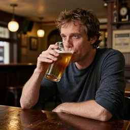 jordan peterson drinking a delicious pint in a english - style pub, warm lighting, cozy, inviting, photo realistic
