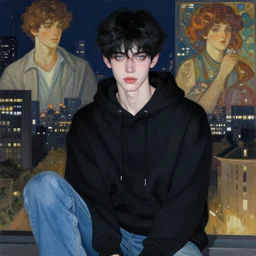 handsome young man with short black hair, glowing light blue eyes, pale skin, wearing jeans and a black hoodie, detailed night time cityscape background, realistic painting by ross tran and gerald brom and alphonse mucha, ilya kuvshinov, svetlana tigai, artgerm, trending on artstation