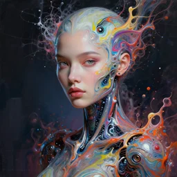 a beautifull futuristic biomechanical humanoid woman with pretty face in intricate detailed color smashing fluid oilpaint, melting wax, thin fractal tendrils, futuristic digital painting, cyberpunk, 8 k, hyper detailed, octane render, concept art, by peter mohrbacher, by wlop, by ruan jia,