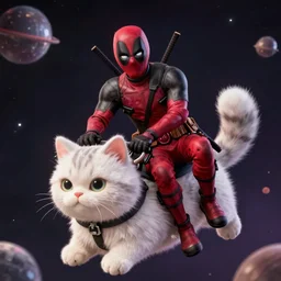 deadpool riding on fluffy cat in space trending on artstation