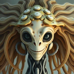 perfectly centered portrait, front view of a biomechanical android alien robot mushroom, flowing hair, intense stare, sweet smile, symmetrical, concept art, intricate detail, volumetric shadows and lighting, realistic oil painting by tim hildebrandt and greg rutkowski,