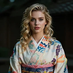 stunning, breathtaking, awe - inspiring award - winning portrait of an attractive young white woman with wavy blonde hair, wearing a colorful yukata, extremely moody lighting, 8 k