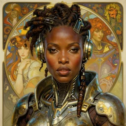 realistic detailed face portrait of a danai gurira, a beautiful futuristic african warrior in alien cyberpunk armor by alphonse mucha, ayami kojima, amano, greg hildebrandt, and mark brooks, female, feminine, art nouveau, cyberpunk, neo - gothic, gothic, character concept design