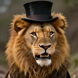 a beautiful close - up shot from a fantasy film of an anthropomorphic smiling lion wearing a top hat. vibrant. joseph ducreux, greg rutkowski.